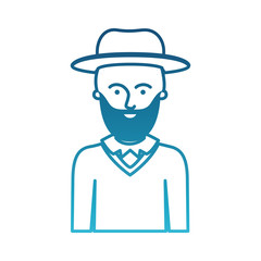 man half body with hat and sweater with short hair and beard in degraded blue silhouette vector illustration