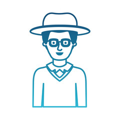 man half body with hat and glasses and sweater with stubble beard in degraded blue silhouette vector illustration