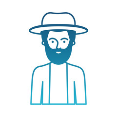 man half body with hat and jacket with short hair and beard in degraded blue silhouette vector illustration