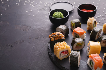 Sushi and rolls background, japanese cuisine