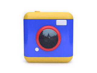 blue yellow toy camera white background 3d rendering technology concept