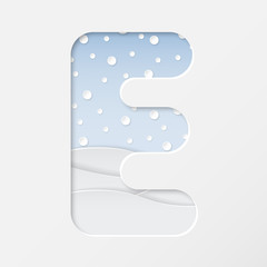 vector illustration of paper art cut letter E with winter landscape with multi layers and shadows effect