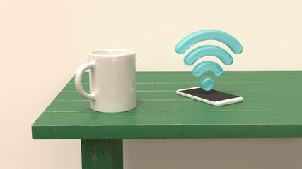 white coffee cup mobile phone on table abstract wifi icon technology concept 3d rendering