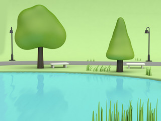 blue water green parks nature low poly tree green background cartoon style 3d rendering