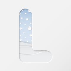 vector illustration of paper art cut letter L with winter landscape with multi layers and shadows effect