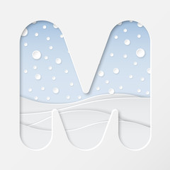 Fototapeta premium vector illustration of paper art cut letter M with winter landscape with multi layers and shadows effect