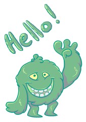 Green funny fluffy monster say Hello