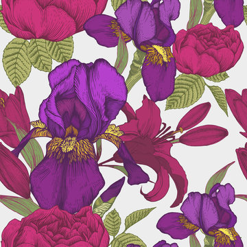Vector floral seamless pattern with hand drawn iris, lilies and roses. Background in vintage style