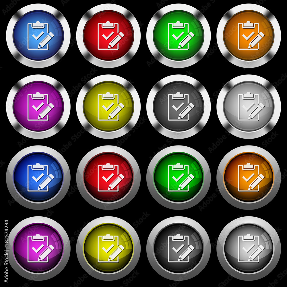 Poster fill out checklist white icons in round glossy buttons on black background