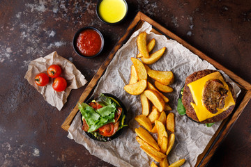 Take away burger menu on wooden tray top view