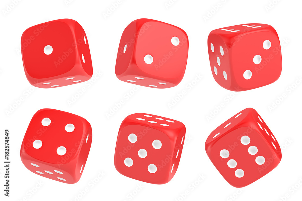 Fototapete 3d rendering of a set of six red dice with white dots hanging in half turn showing different numbers