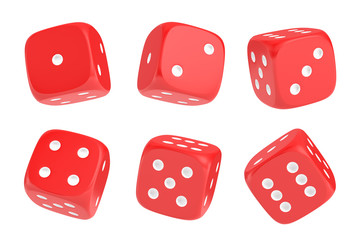 3d rendering of a set of six red dice with white dots hanging in half turn showing different numbers.