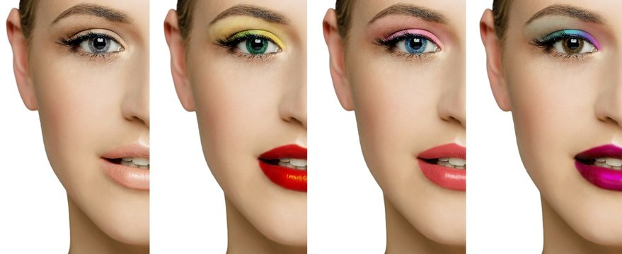set, collage, different types of make-up and on one female face. Make-up for green, brown, blue, gray eyes