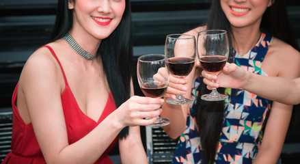 Group of Friends Enjoying Cheerful Party and Clinking Glass of Wine in Restaurant
