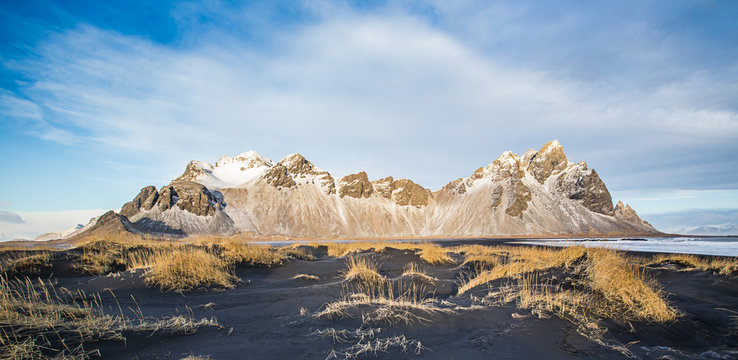 Vestrahorn mountains with a blue sky with clouds, Iceland
