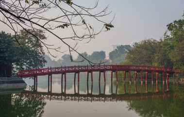 A daytime shot of the Huc bridge, over Hoàn Kiếm Lake, in Hanoi Vietnam