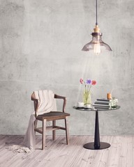 Interior living minimal space with wall decoration, round table and vintage chair 3D Illustration