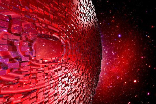 Abstract red cubical sphere science fiction space background.