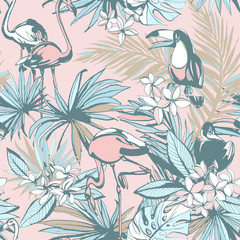 Hand drawn Tropical Seamless pattern ink palm leaves toucan flamingo.