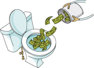 A cartoon showing a bucket of cash money being dumped into a clean, white porcelain toilet.
