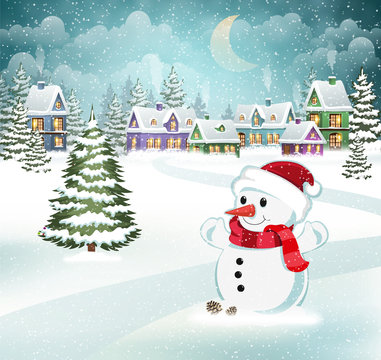 Winter scene with snowman