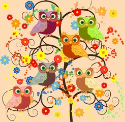 Fotobehang Bright cute cartoon owls sit on the flowering branches of fantastic trees © MichiruKayo