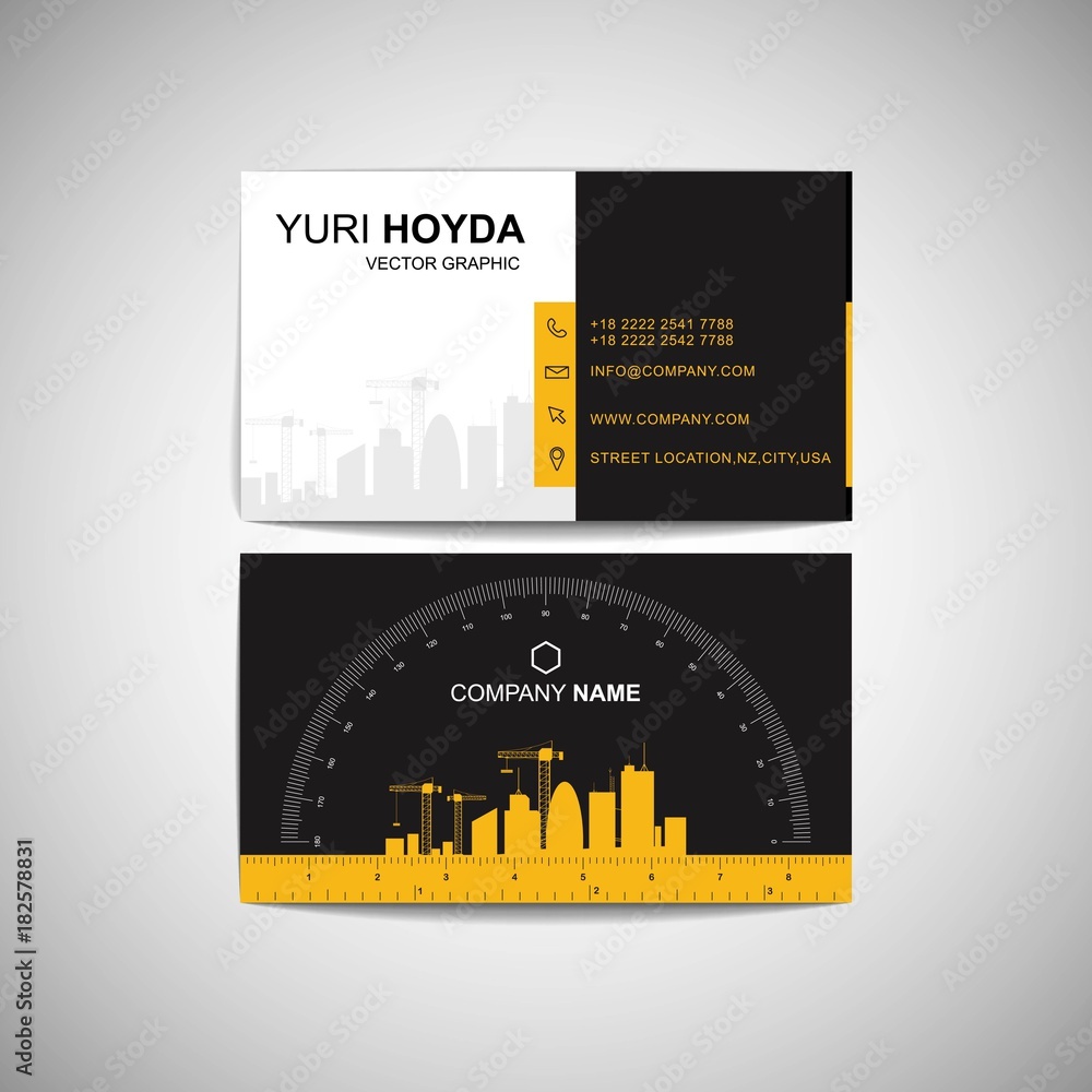 Poster construction business card. functional design with ruler and protractor. vector.