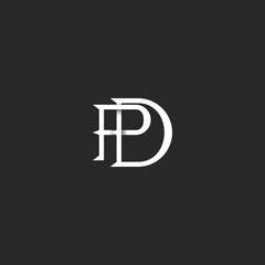 Letters PD logo monogram initials linear black and white, overlapping two linked letters P and D wedding invitation DP emblem retro design.