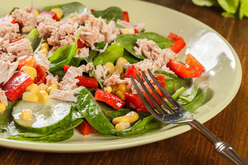 Fresh spinach salad with tuna, cucumber, corn, and red paprika on a plate