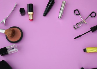 Obraz na płótnie Canvas Makeup and Cosmetics Flat lay with copy space
