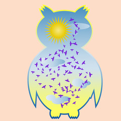 Owl-day. Owl painted in the colors of the day sky with clouds, sun, birds