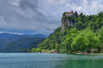 Fototapeta na wymiar An overcast day at Bled Island and Lake Bled, Slovenia