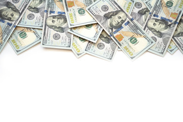 Pile of one hundred US Dollar Bills money isolated on white background with copy space for your text.