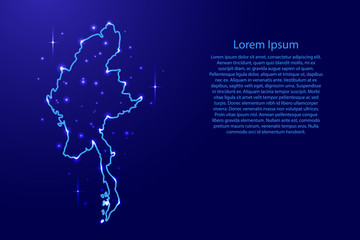 Map Myanmar from the contours network blue, luminous space stars for banner, poster, greeting card, of vector illustration