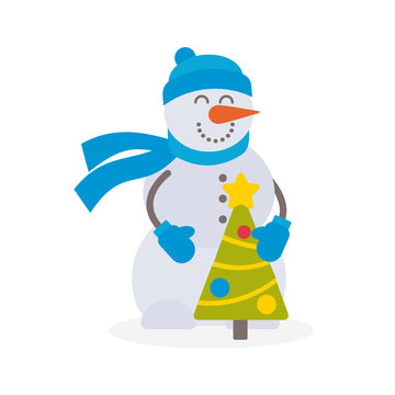Snowman with Christmas tree vector illustration on white background
