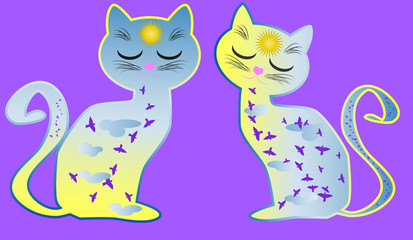 Cat-day. Silhouette of a cat painted with a day sky, with clouds, sun, birds