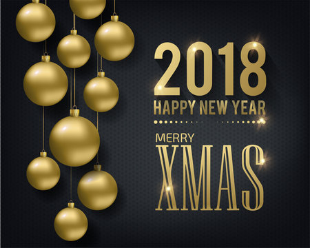 Greeting card, invitation with happy New year 2018 and Christmas. Metallic gold Christmas balls, decoration, shimmering, shiny confetti on a black background. Vector Illustration