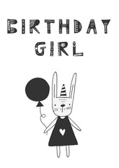 Birthday girl - Cute hand drawn nursery card with hare girl and lettering with folk art ornament in scandinavian style.