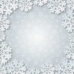 Bright winter square frame with paper cut out snowflake decoration. Vector illustration