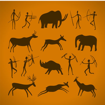 Hand-drawn pattern of cave drawings. ancient petroglyphs.