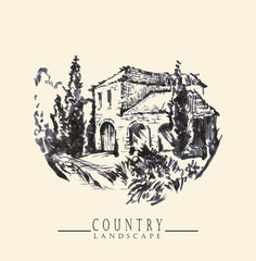 Country landscape. Ink and pen hand drawing.