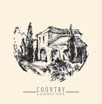 Country landscape. Ink and pen hand drawing.