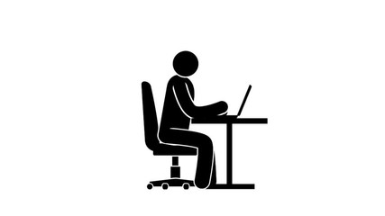 Pictogram man sits at a table and working at laptop. Looped animation with alpha channel.