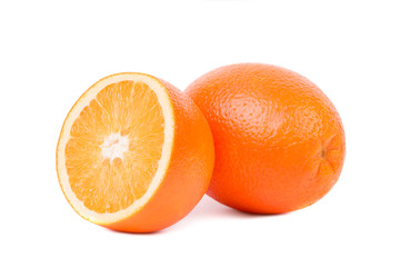 Juicy fruits orange. Orange with a cut half of fruit on a white background