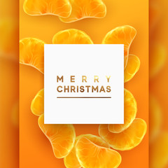 Merry Christmas card. Fruit orange background. Slices of orange and mandarin are scattered