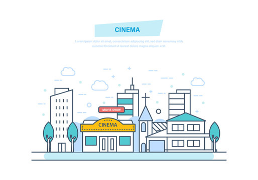 Cinema concept. Modern building cinema theater, architectural structure. City building.