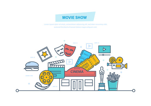 Movie show concept. Entertainment, cinema building and film, movie theater.