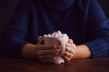 Female hands with pink mug of hot chocolate and marshmallow