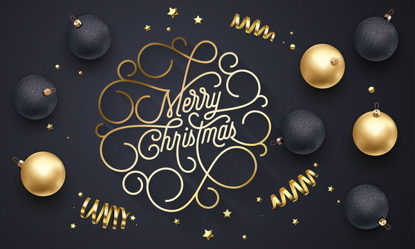 Merry Christmas flourish golden calligraphy lettering of swash line gold typography for greeting card design. Vector festive golden decoration and Christmas text on holiday black background