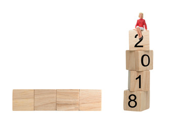 Selective focus miniature female red t-shirt sitting on wooden cube box  show 2018 New Year.